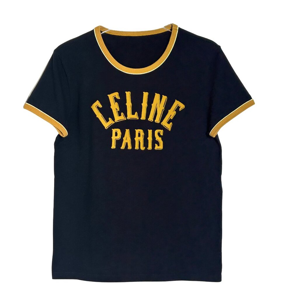 Celine by Hedi Slimane T-shirt Flocked Black Mustard Ringer Tee XS